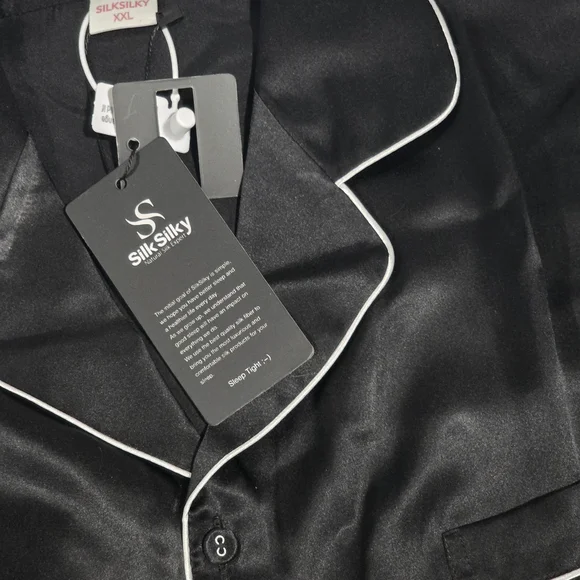 NWT Amazing Women's Black 100% Mulberry Silk  Pajama with White Piping, Size XXL - Picture 5 of 16